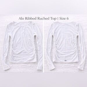 Alo Yoga White Ribbed Long Sleeve Top Ruched Side Slim Fit Size 6